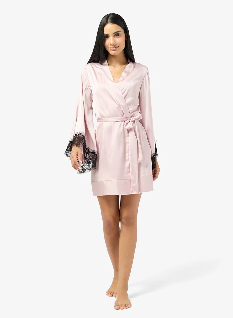 Ginger Satin Robe with Contrast Lace Trim